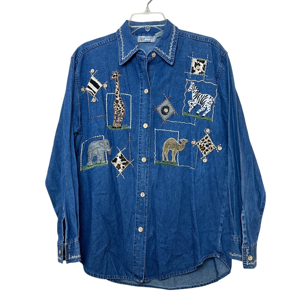 Vintage Denim Shirt Womens Small Blue Safari Animal Embroidered Cotton Chambray
